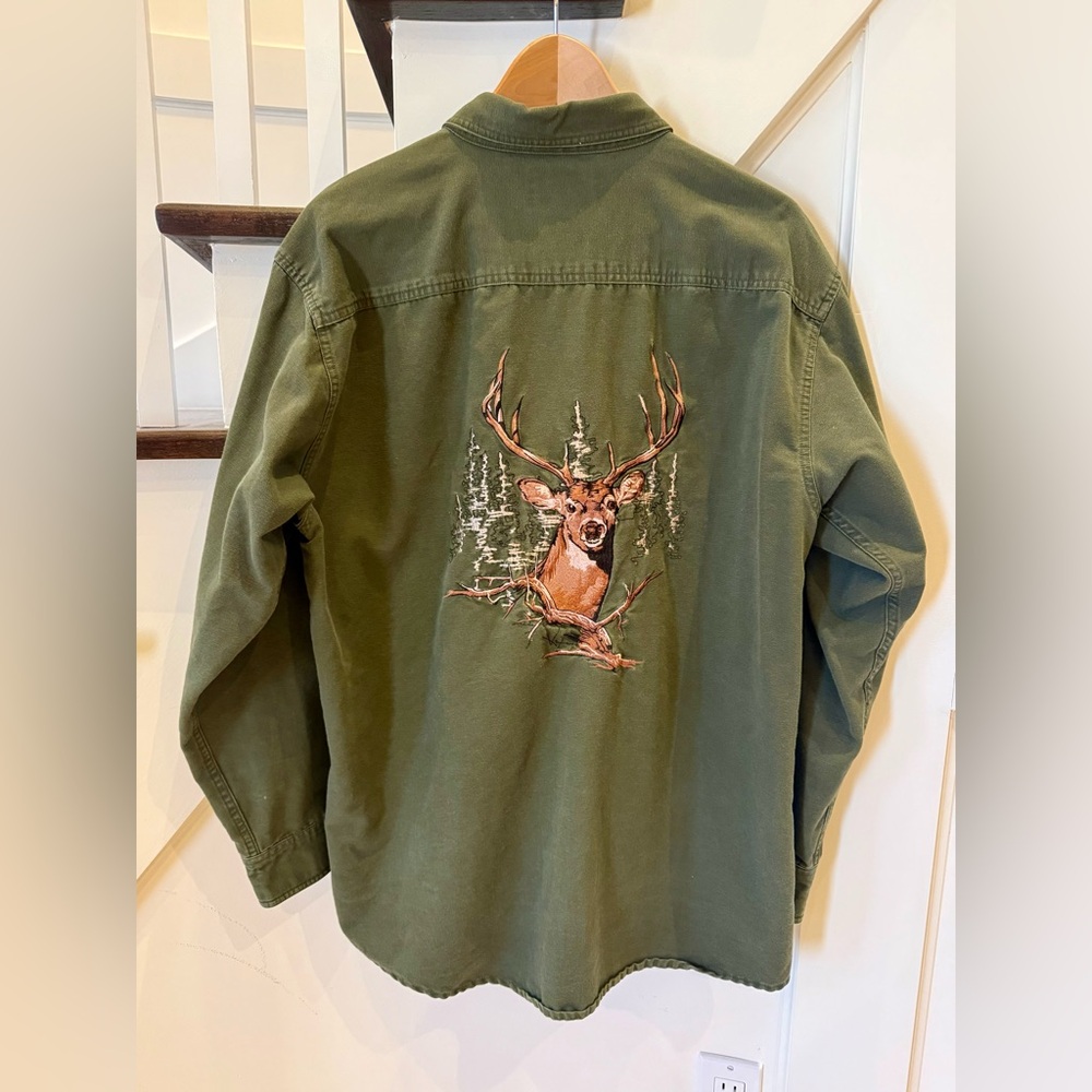 Cotton Work Shirt with Embroidered Deer Forest Scene, Size Large